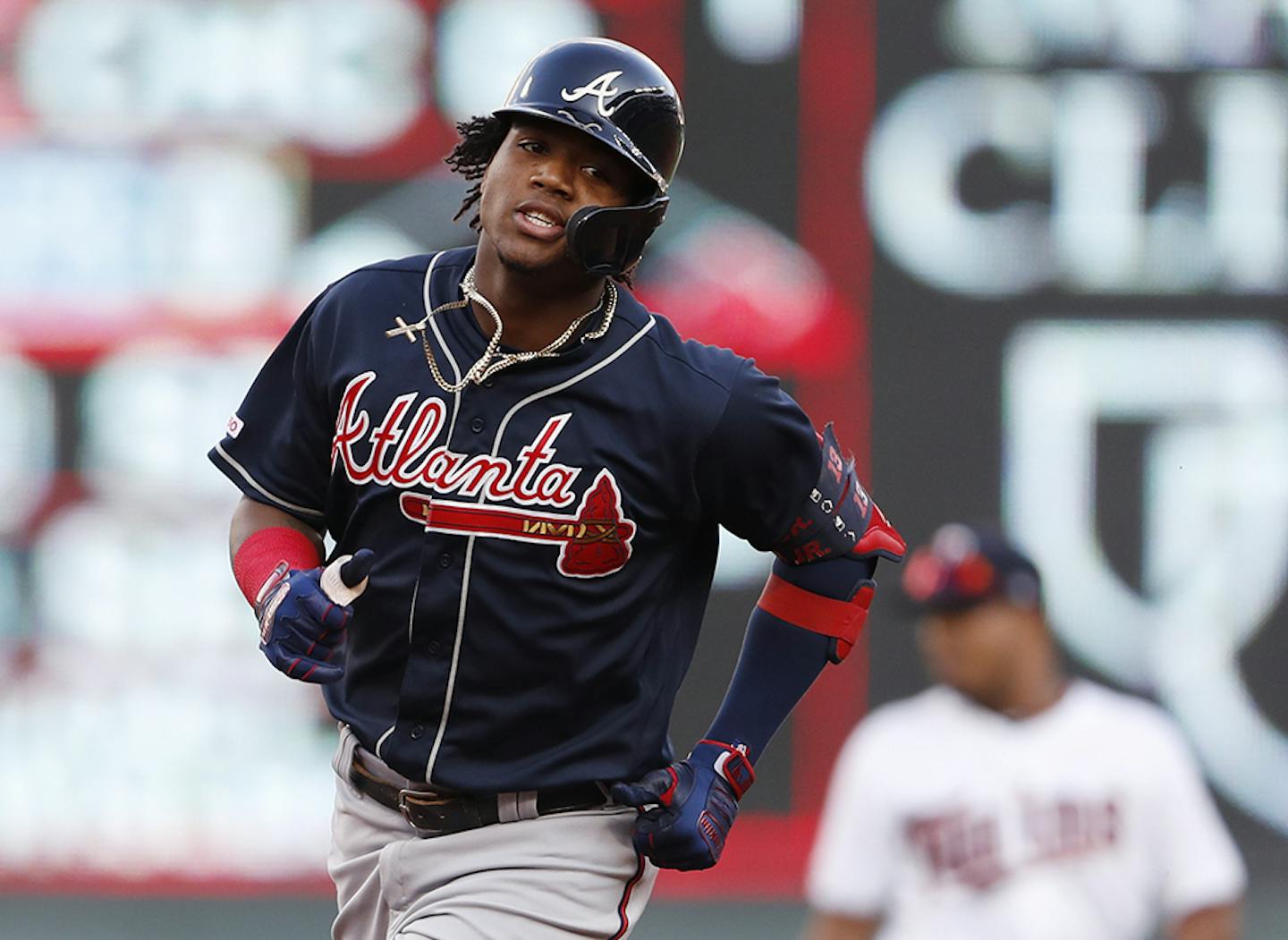 Atlanta Braves right fielder Ronald Acuna Jr. (13) hit a home run on the first pitch of the first inning. ] LEILA NAVIDI &#x2022; leila.navidi@startribune.com BACKGROUND INFORMATION: The Minnesota Twins play against the Atlanta Braves at Target Field in Minneapolis on Tuesday, August 6, 2019.