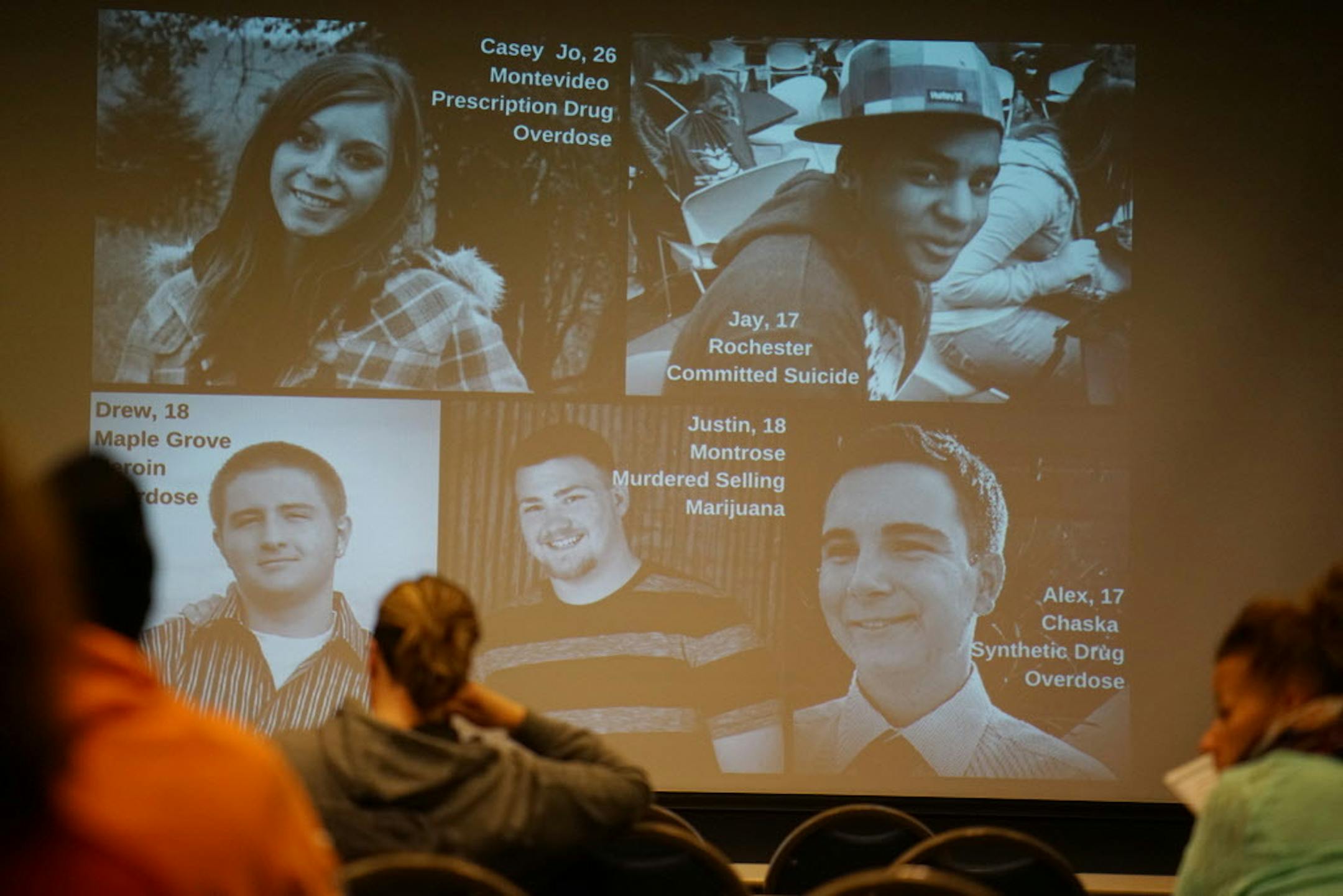 A talk about drug abuse to parents at the Educational Service Center at the Anoka-Hennepin School District included a montage of teens who died.