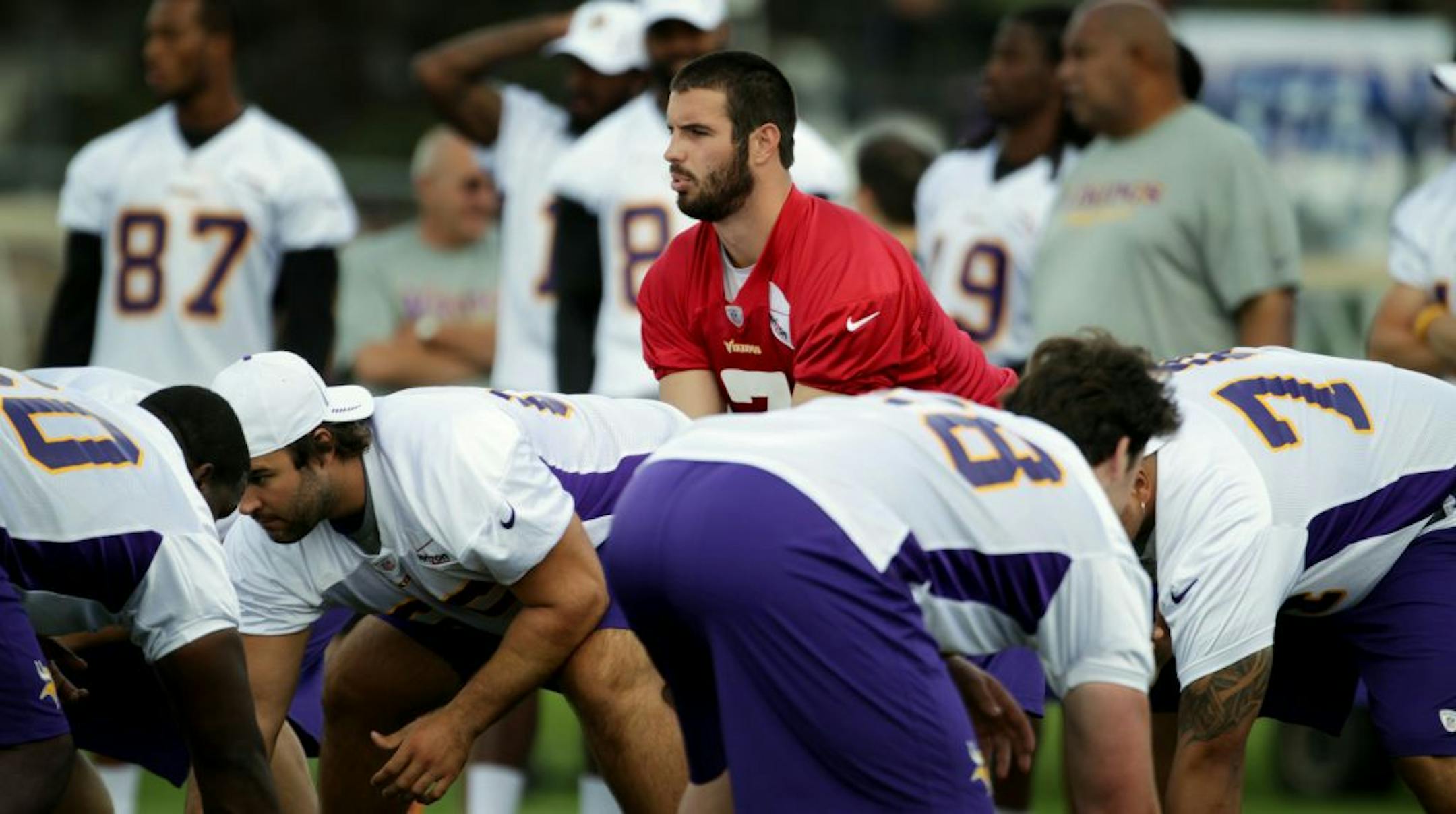 Quarterback Christian Ponder took a snap during the first day of practice at Minnesota State University, Mankato Friday July 27, 2012 Mankato ,MN .