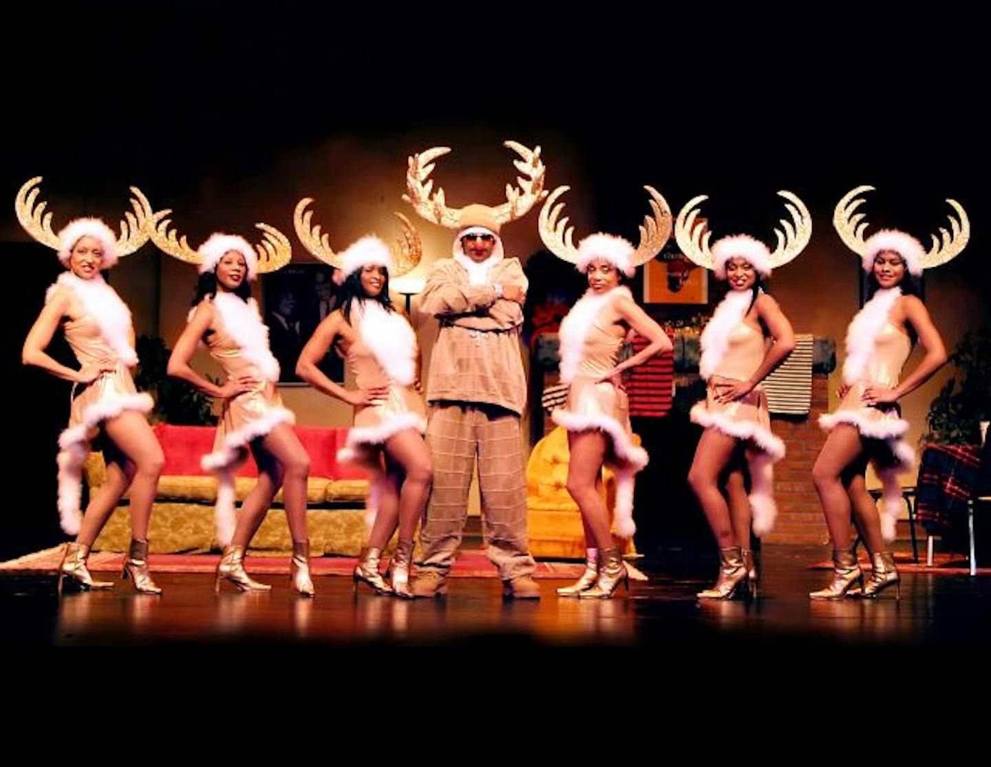 Photo by Karl Demer, Atomic K Studios Minneapolis.
Performers, from left to right: Sandy Harris, Carrie Harrington, Bridget Dawkins, {'Rudolph The Rappin' Reindeer'} isTerrence Frierson (in the middle)
Valarie McCullar, Cornisha Garmon, Tomica Collins. Sounds of Blackness "The Night Before Christmas."