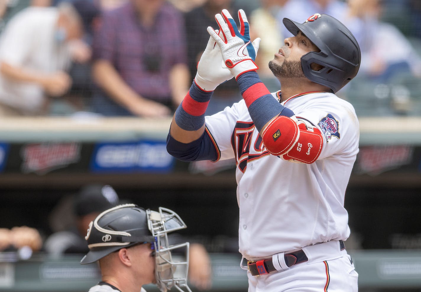 Minnesota Twins designated hitter Nelson Cruz made looked to the skies after he hit a solo homer during the third inning as the Twins took on the Chicago White Sox at Target Field, Wednesday, May 19, 2021 in Minneapolis, MN. ] ELIZABETH FLORES • liz.flores@startribune.com