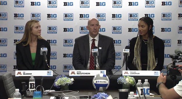 Gophers players CC McGraw (left) and Taylor Landfair (right) and coach Hugh McCutcheon  took part in the first Big Ten media days for volleyball.