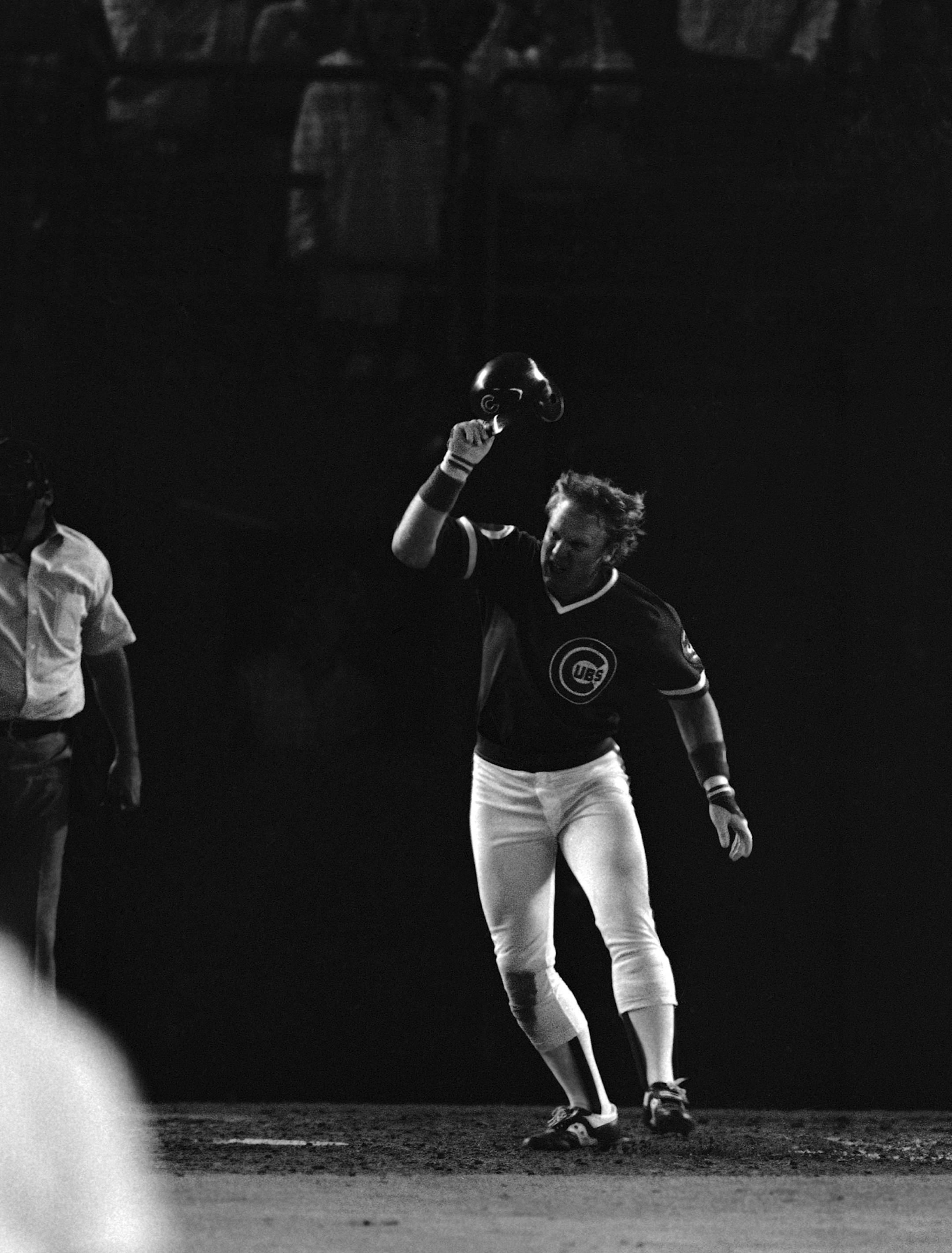 Chicago Cubs Keith Moreland yanks his batting helmet off his head in anger after plate umpire Terry Bovey called him out on strikes in the sixth inning of National League playoff game against the Padres in San Diego, on Thursday, night, Oct. 4, 1984. (AP Photo) ORG XMIT: APHS174840