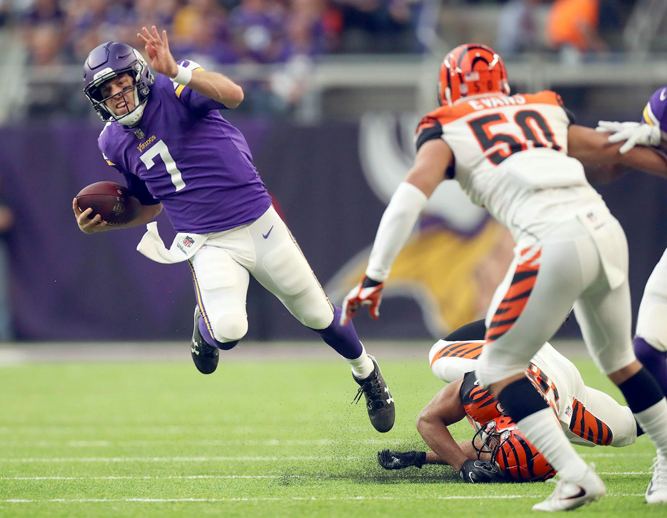 Minnesota Vikings quarterback Case Keenum (7) eluded Cincinnati Bengals linebacker Hardy Nickerson (56) while running for a 20 yard gain in the first quarter.