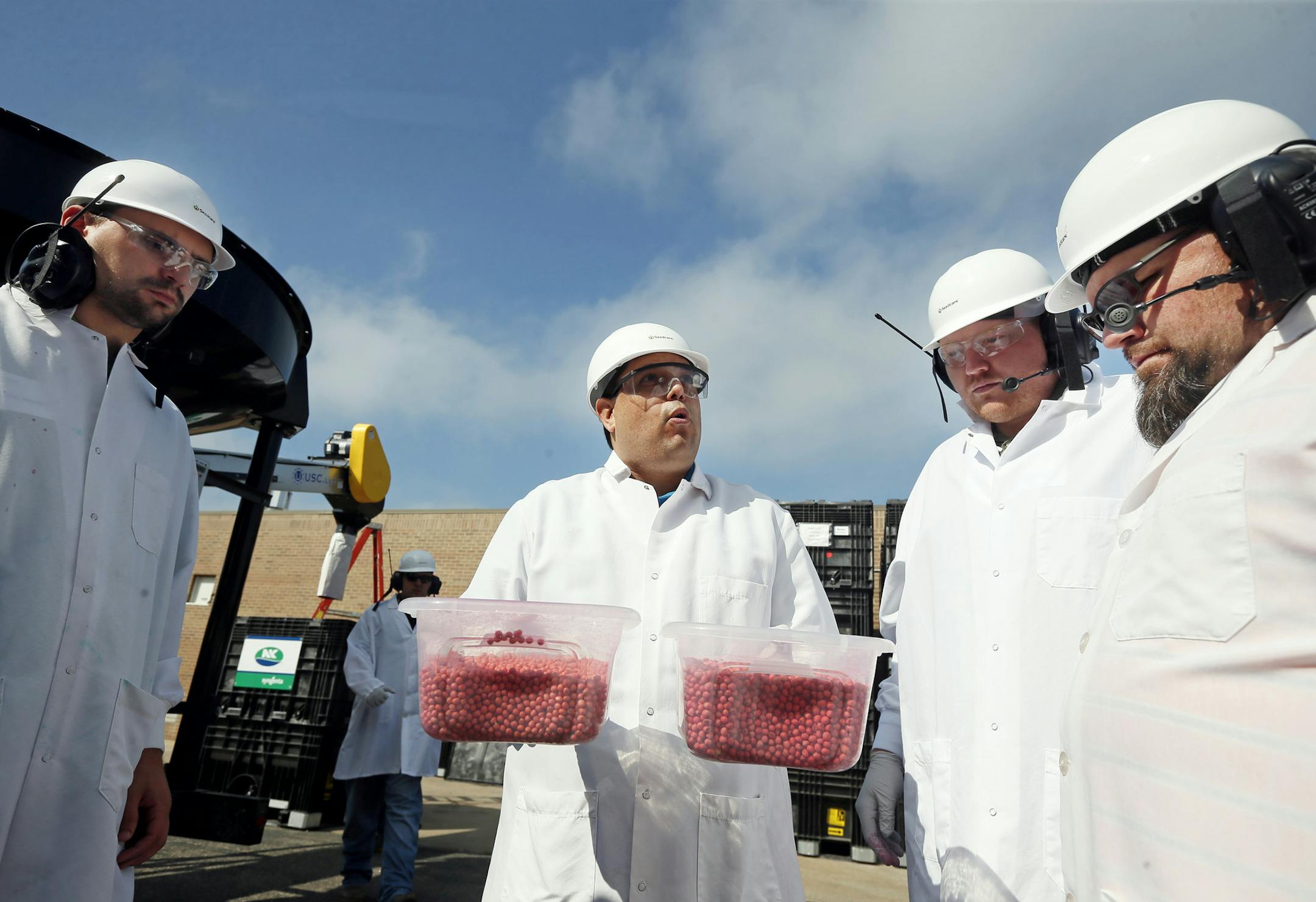 Cesareo Ramirez De Leon showed treated soybean seeds to clients during a training session at Syngenta&#x2019;s Seedcare Institute in Stanton, Minn.
