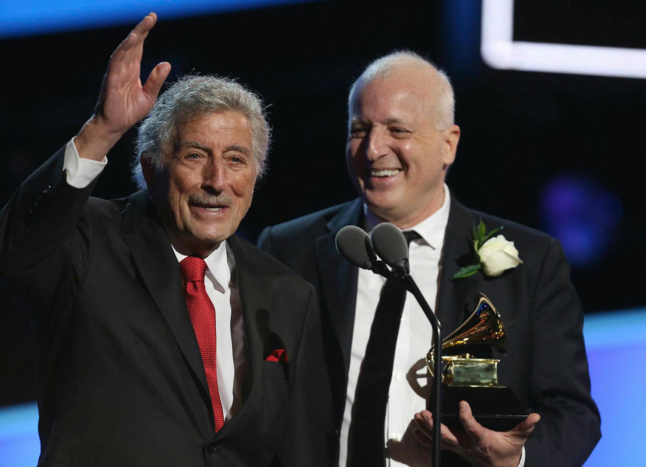 Tony Bennett, left, and Dae Bennett accept the best traditional pop vocal album at the 60th annual Grammy Awards at Madison Square Garden on Sunday, Jan. 28, 2018, in New York.