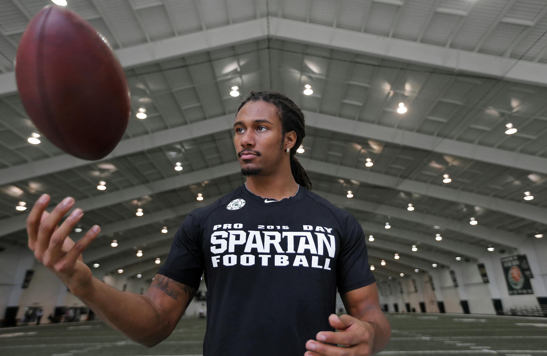 Cornerback Trae Waynes poses after Michigan State NFL football pro day in East Lansing, Mich., Wednesday, March 18, 2015. (AP Photo/Paul Sancya) ORG XMIT: MIPS10