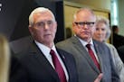 Vice President Mike Pence and Minnesota Governor Tim Walz spoke to the press after Pence visited 3M World Headquarters in Maplewood.