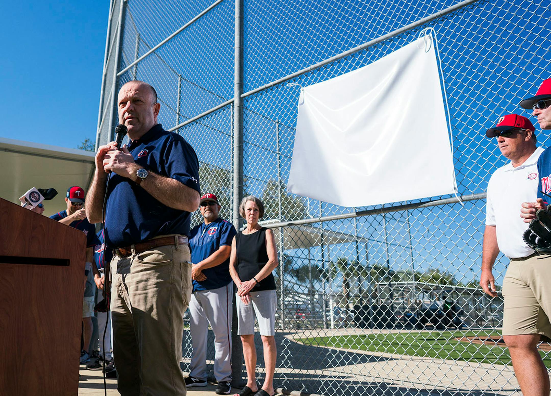Twins president Dave St. Peter spoke at a brief ceremony commemorating a practice field to former Twins coach Rick Stelmaszek.