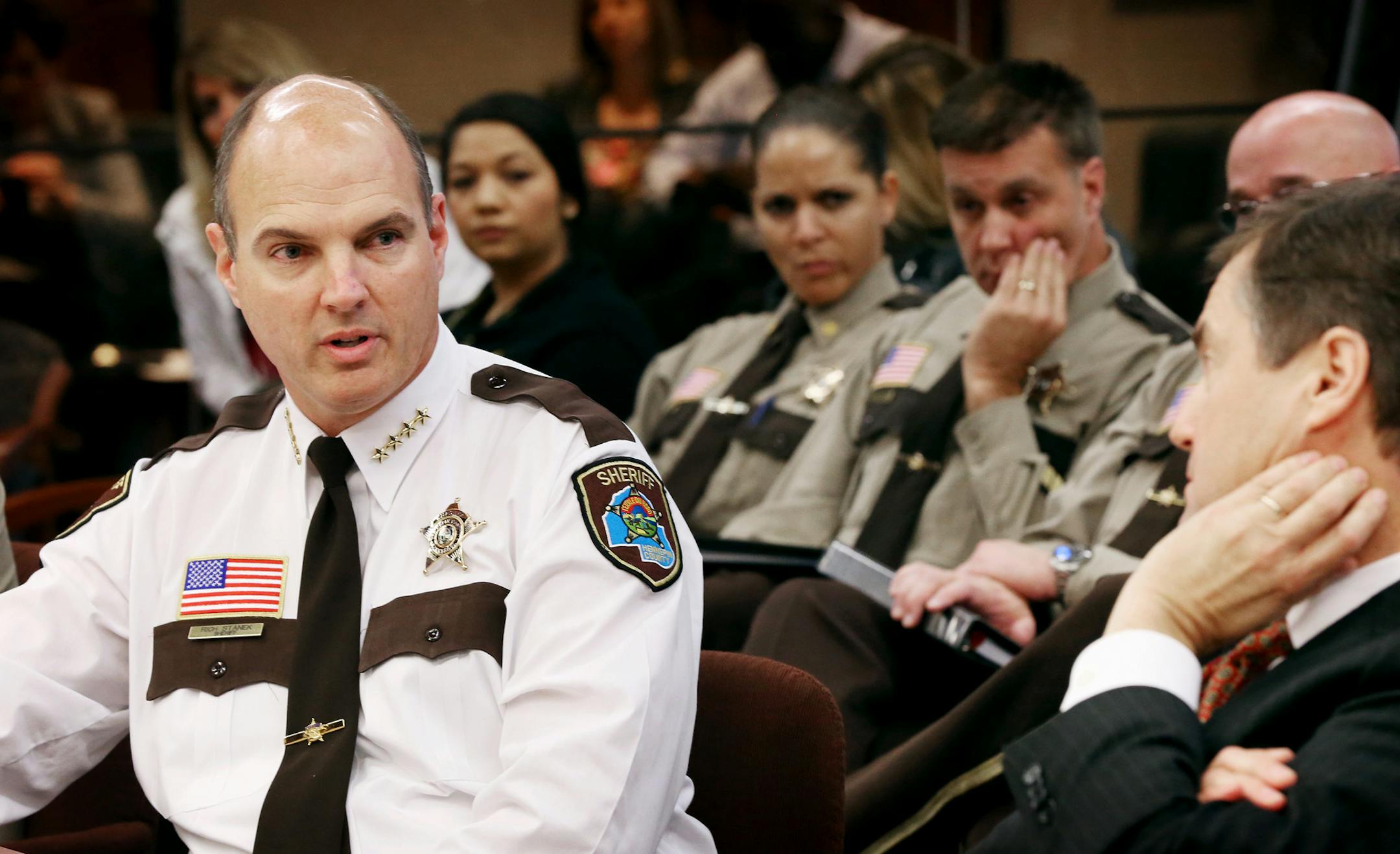 Hennepin County Sheriff Rich Stanek left and Hennepin County Administrator David Hough spoke at a board meeting concerning overtime within the sheriffís department Thursday November 19, 2015 in Minneapolis, MN. ] Jerry Holt/ Jerry.Holt@Startribune.com