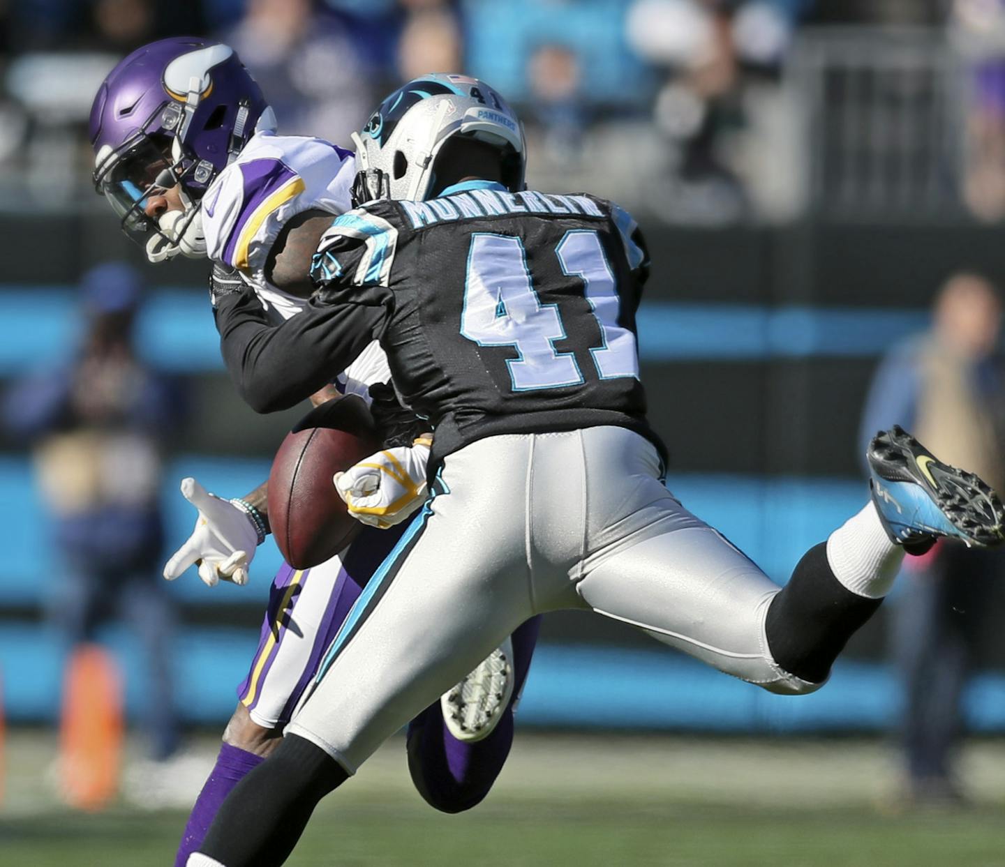 Stefon Diggs drops the ball after being defended by former Viking Captain Munnerlyn. Incomplete Pass. ] Minnesota Vikings vs Carolina Panthers - Bank of America Stadium
BRIAN PETERSON &#x2022; brian.peterson@startribune.com
Charlotte, NC 12/10/2017