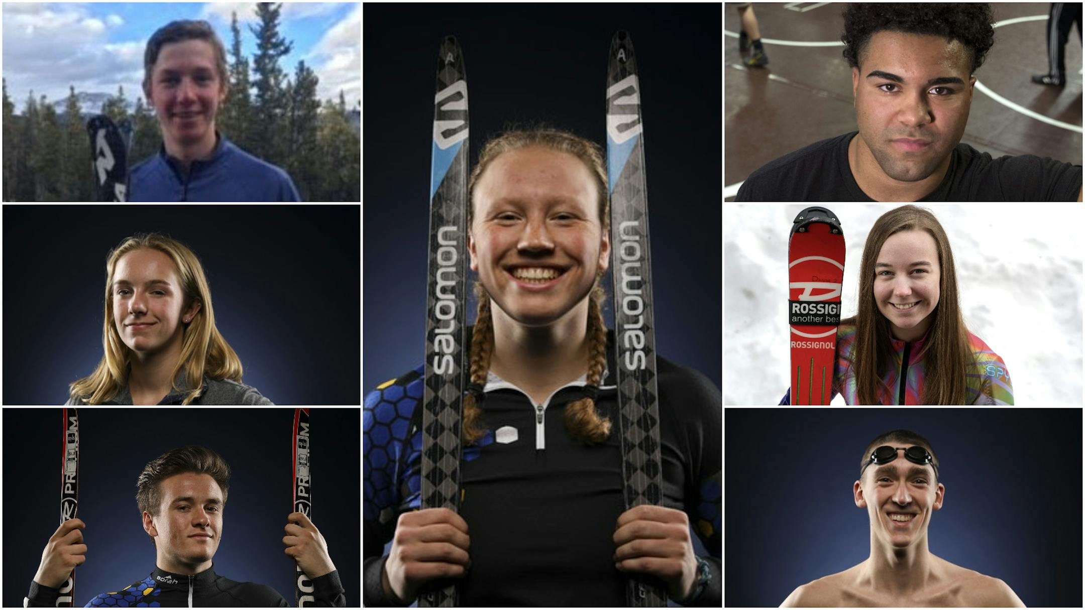 The Star Tribune winter sports Athletes of the Year. From left, going up to down: Camden Palmquist of Eagan, Chaney Neu of Champlin Park, Anders Sonnesyn of Wayzata, Mara McCollor of Wayzata, Gable Steveson of Apple Valley, Becca Divine of Eden Prairie and Jack Dahlgren of Chanhassen.