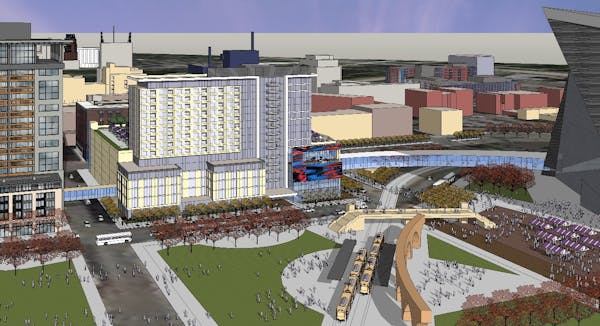 New downtown development proposed by the Minnesota Vikings' owners. Building in question is next to stadium and light rail.