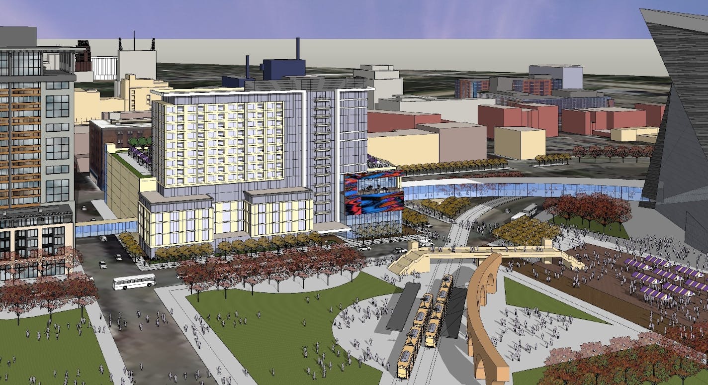 New downtown development proposed by the Minnesota Vikings' owners. Building in question is next to stadium and light rail.