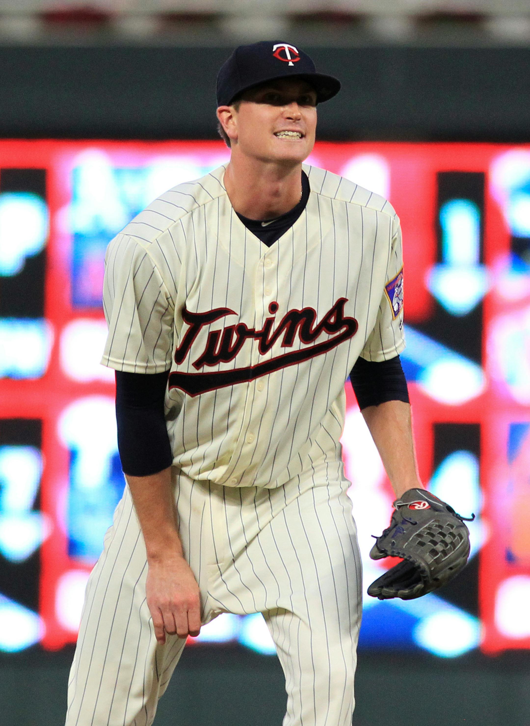 Minnesota Twins pitcher Kyle Gibson reacts to hit by the Texas Rangers during the sixth inning of a baseball game Saturday, Aug. 5, 2017 in Minneapolis. The Rangers won 4-1. (AP Photo/Andy Clayton-King)