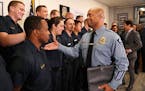 Police Chief Medaria Arradondo greeted cadets following of a news conference held by Mayor Jacob Frey to announce he had appointed Arradondo to anothe