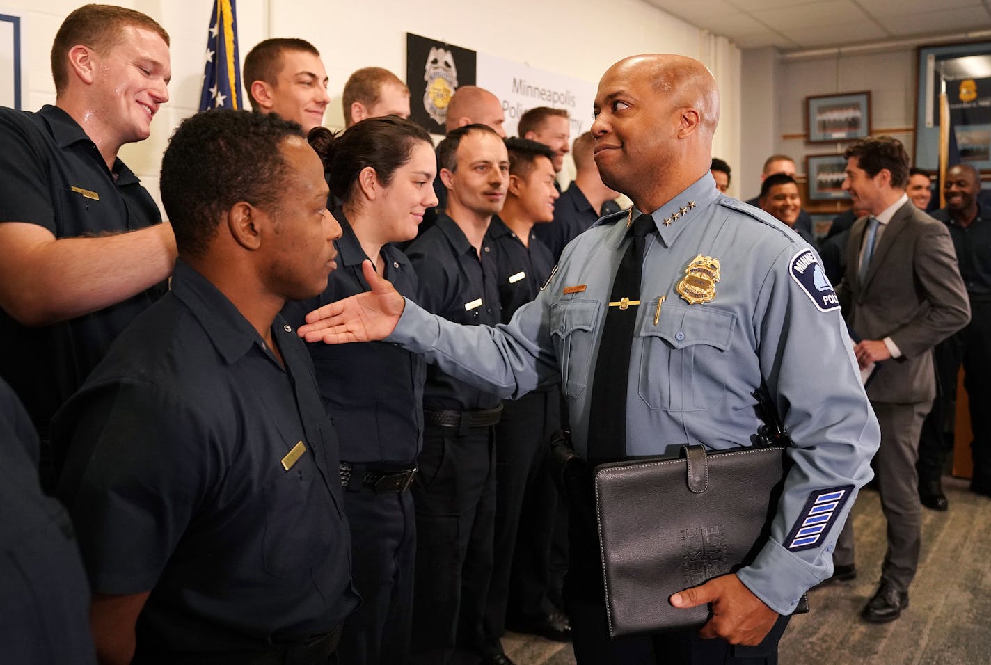 Police Chief Medaria Arradondo greeted cadets following of a news conference held by Mayor Jacob Frey to announce he had appointed Arradondo to another term. ] ANTHONY SOUFFLE &#xef; anthony.souffle@startribune.com Mayor Jacob Frey held a news conference to announce that he has appointed Police Chief Medaria Arradondo for another term Thursday, Nov. 1, 2018 at the Minneapolis Police Department's Special Ops Center in north Minneapolis.