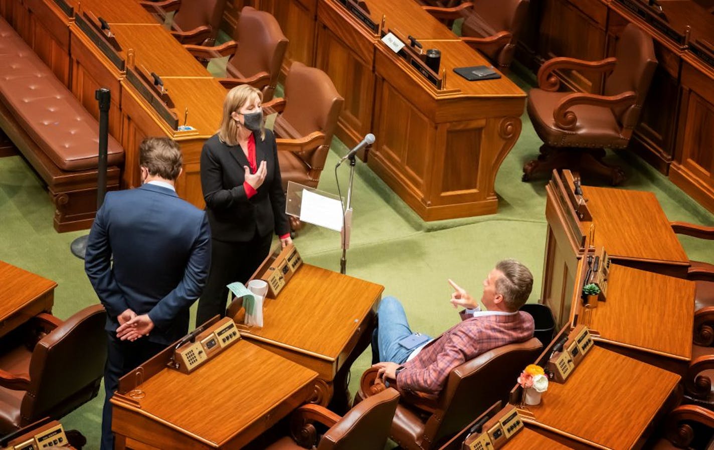 After the abrupt ending to the special session, House Speaker Melissa Hortman, DFL-Brooklyn Park, talked with House Minority Leader Kurt Daudt, R-Crown, in the mostly empty House chamber on July 13, 2020.