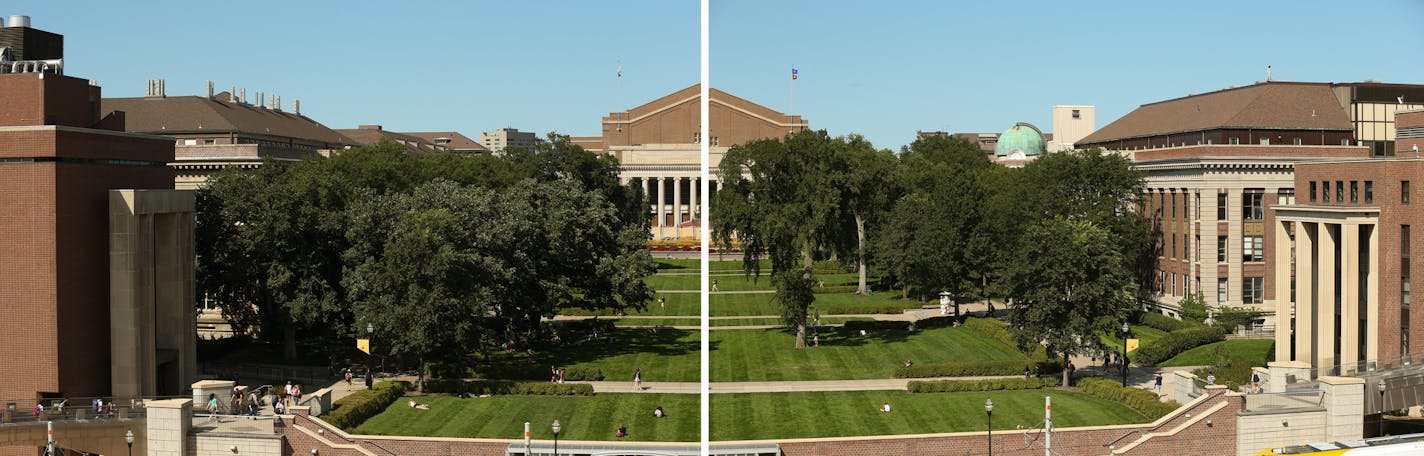 Two photographs form a panorama of Northrop Mall on the U&#x2019;s East Bank, looking toward Northrop Auditorium from Coffman Memorial Union. In the foreground are Kolthoff Hall, left, and Ford Hall.