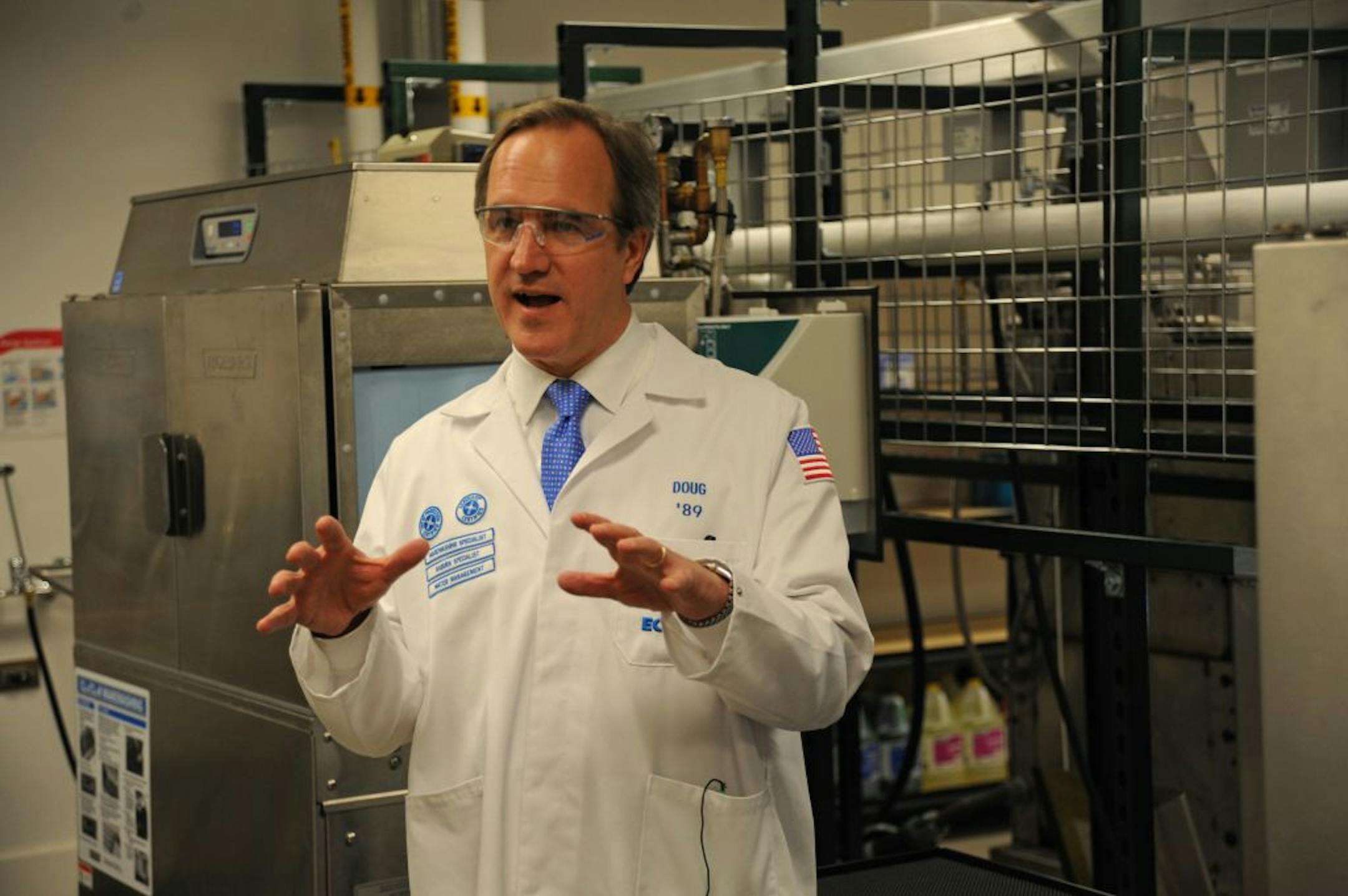 CEO Doug Baker talked about Ecolab's new 51,000-square-foot facility in Eagan as he led a tour of an area where field associates study up on the ins and outs of institutional dishwashing.
