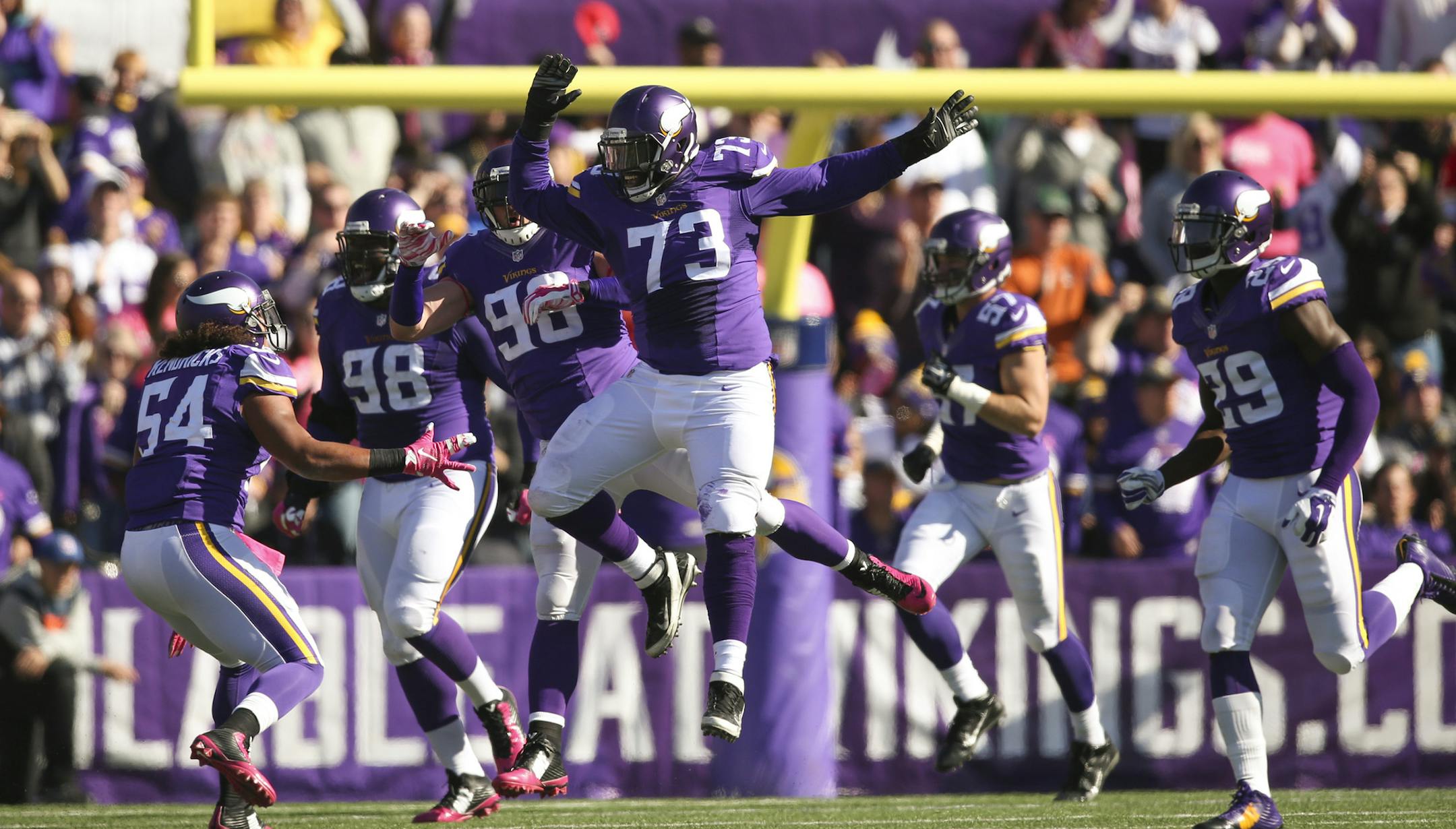 Vikings defensive tackle Sharrif Floyd (73) celebrated after he tackled Kansas City running back Charcandrick West on fourth down at the Minnesota seven yard line in the third quarter Sunday afternoon. ] JEFF WHEELER &#xef; jeff.wheeler@startribune.com The Minnesota Vikings eeked out a 16-10 win over the Kansas City Chiefs in an NFL football game Sunday afternoon, October 18, 2015 at TCF Bank Stadium in Minneapolis.