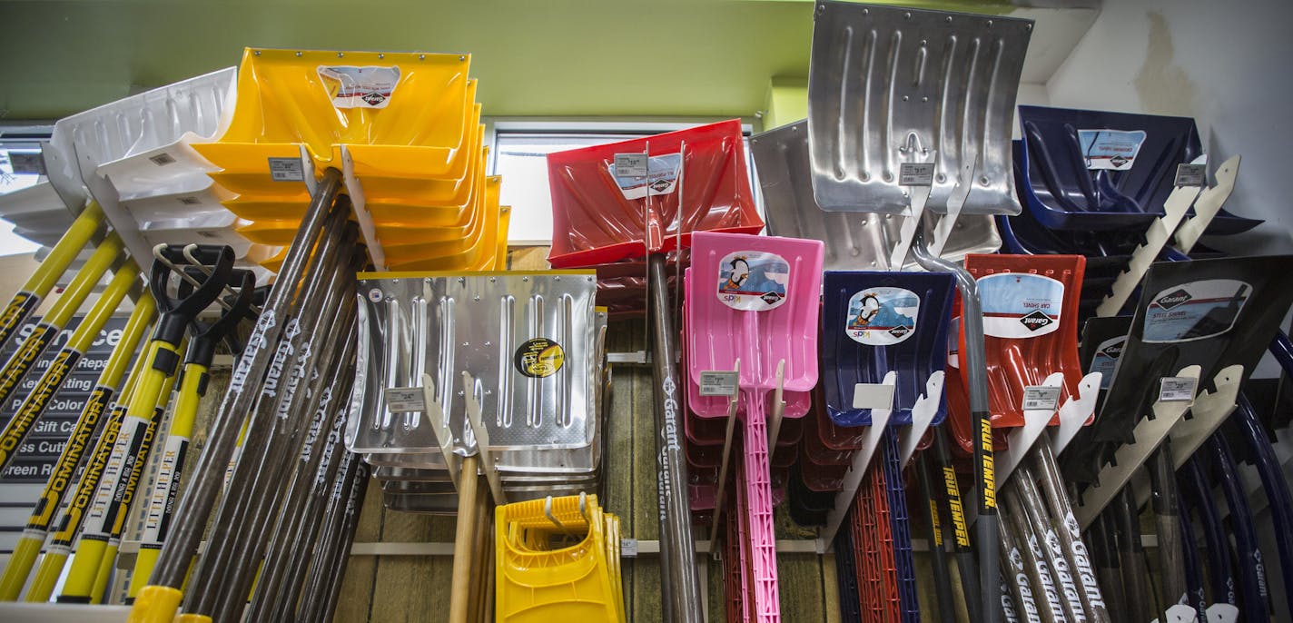 Due to a lack of snow this winter thus far the shelves are fully stocked with snow shovels at Settergren Hardware on Monday, December 14, 2015, in Minneapolis, Minn. ] RENEE JONES SCHNEIDER &#x2022; reneejones@startribune.com