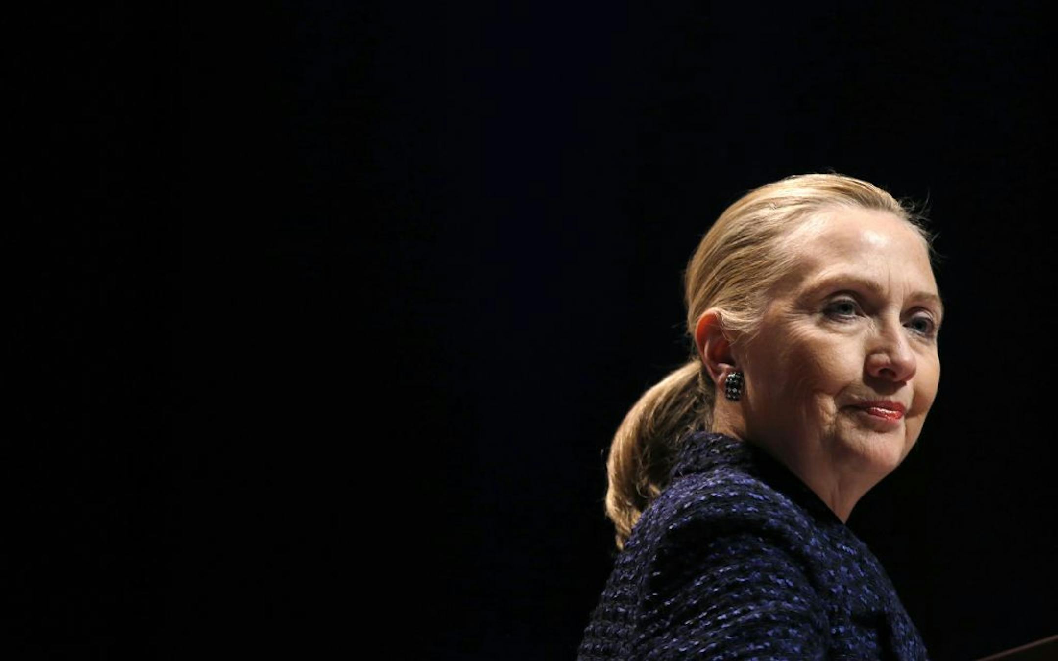 Secretary of State Hillary Rodham Clinton pauese as she gives a speech: "Frontlines and Frontiers: Making Human Rights a Human Reality," Thursday, Dec. 6, 2012, at Dublin City University in Dublin, Ireland.