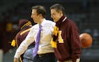 Richard Pitino, left, won't see his father, Rick, in the stands when the Gophers open the NCAA basketball tournament against Louisville, where his dad