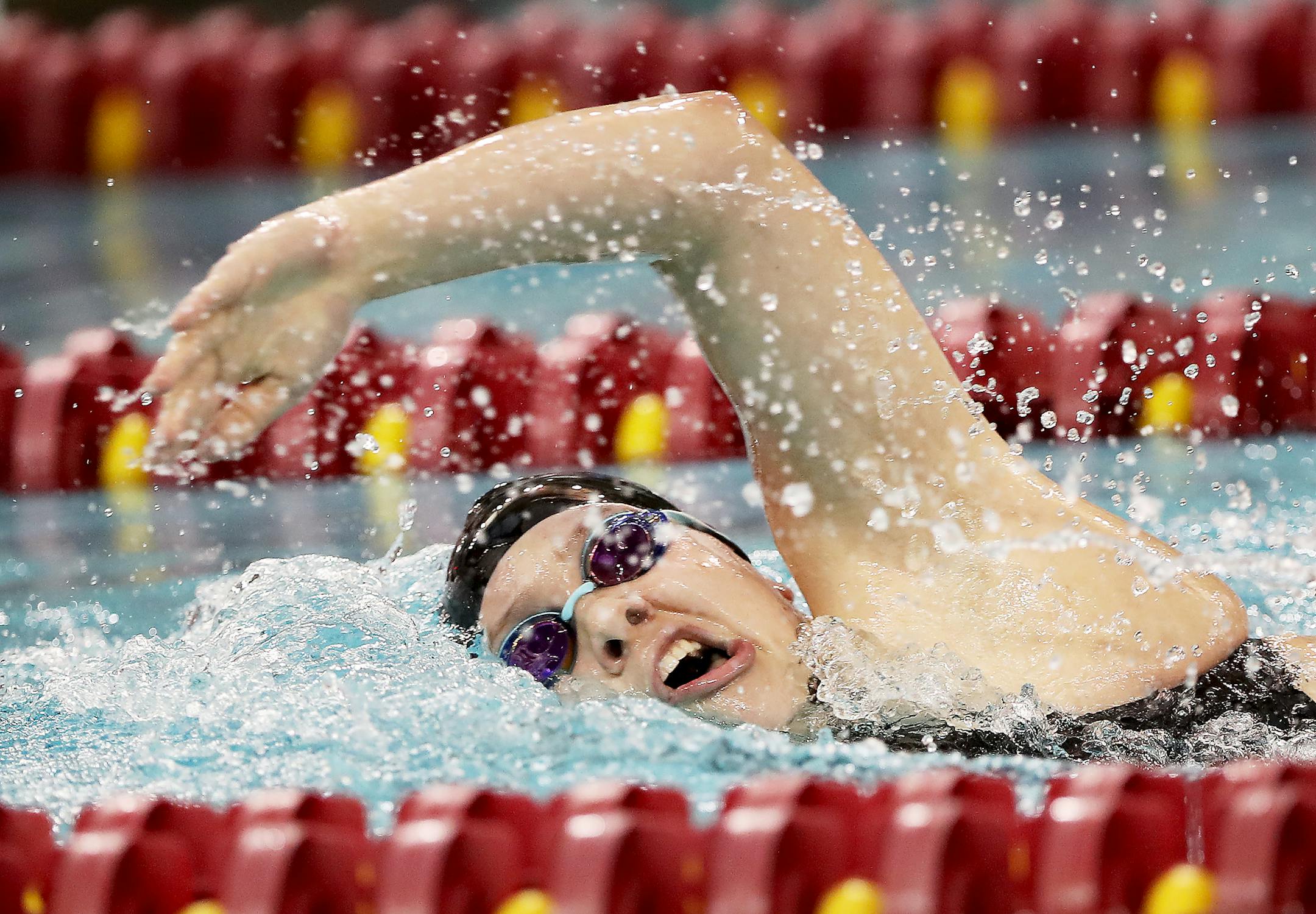 Lexi Kucera of Hutchinson swims the 200 yard freestyle during the Girls' swimming state meet prelims, Class 1A Friday, Nov. 17, 2017, at the Jean K. Freeman Aquatic Center in Minneapolis, MN.] DAVID JOLES ï david.joles@startribune.com Girls' swimming state meet prelims, Class 1A