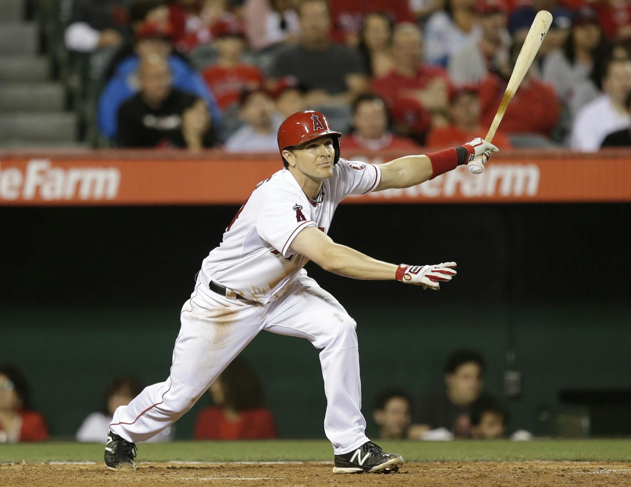 Los Angeles Angels' Brendan Harris bats against the Oakland Athletics