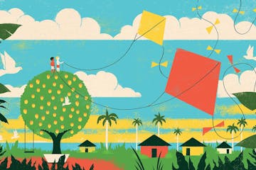 Two boys fly kites from the top of a lush tree in illustration from "The Mango Tree."