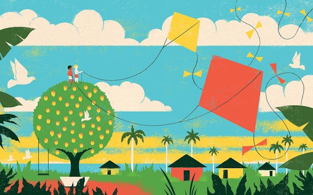 Two boys fly kites from the top of a lush tree in illustration from "The Mango Tree."