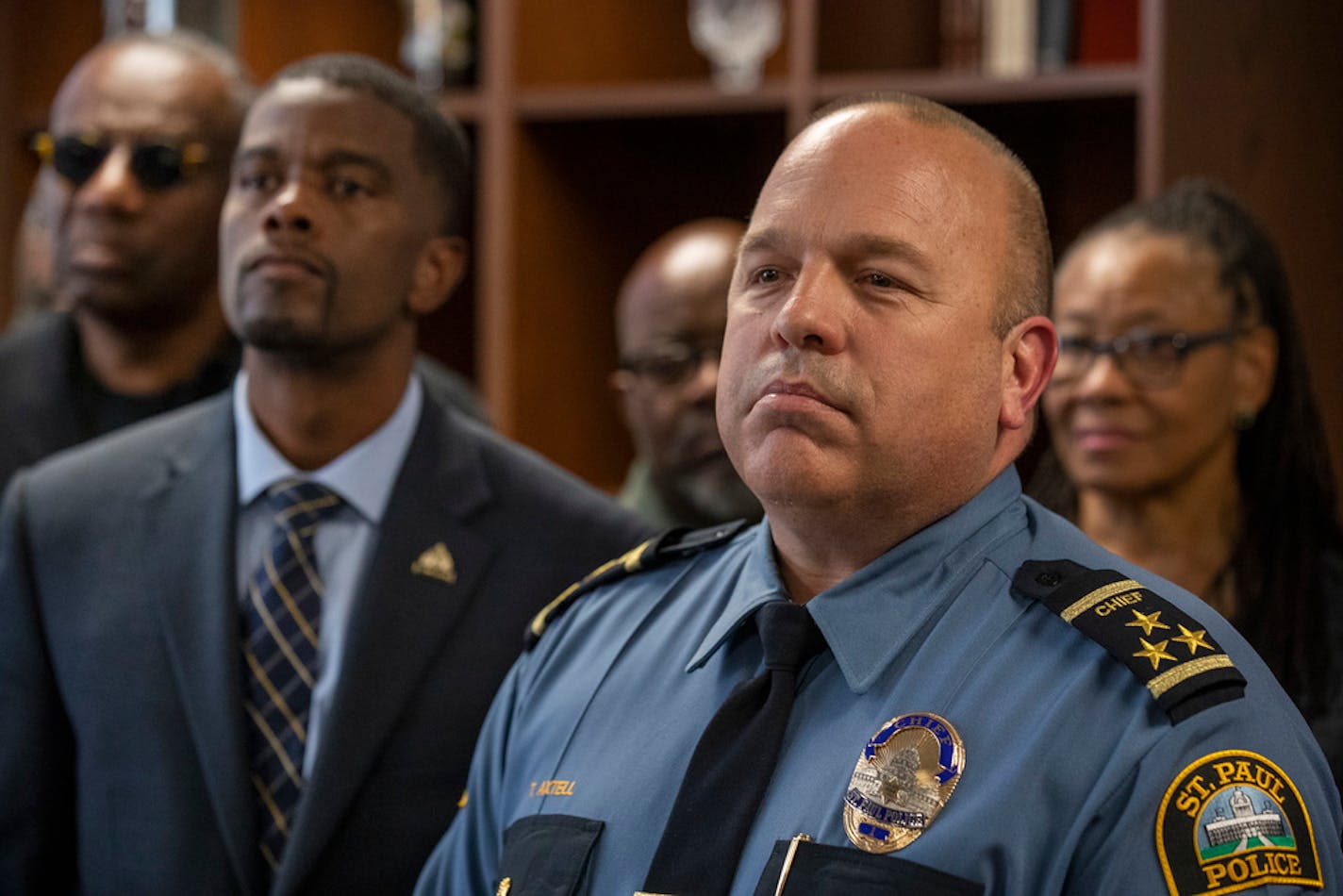 St. Paul Mayor Melvin Carter and Police Chief Todd Axtell at a news conference in St. Paul in September.