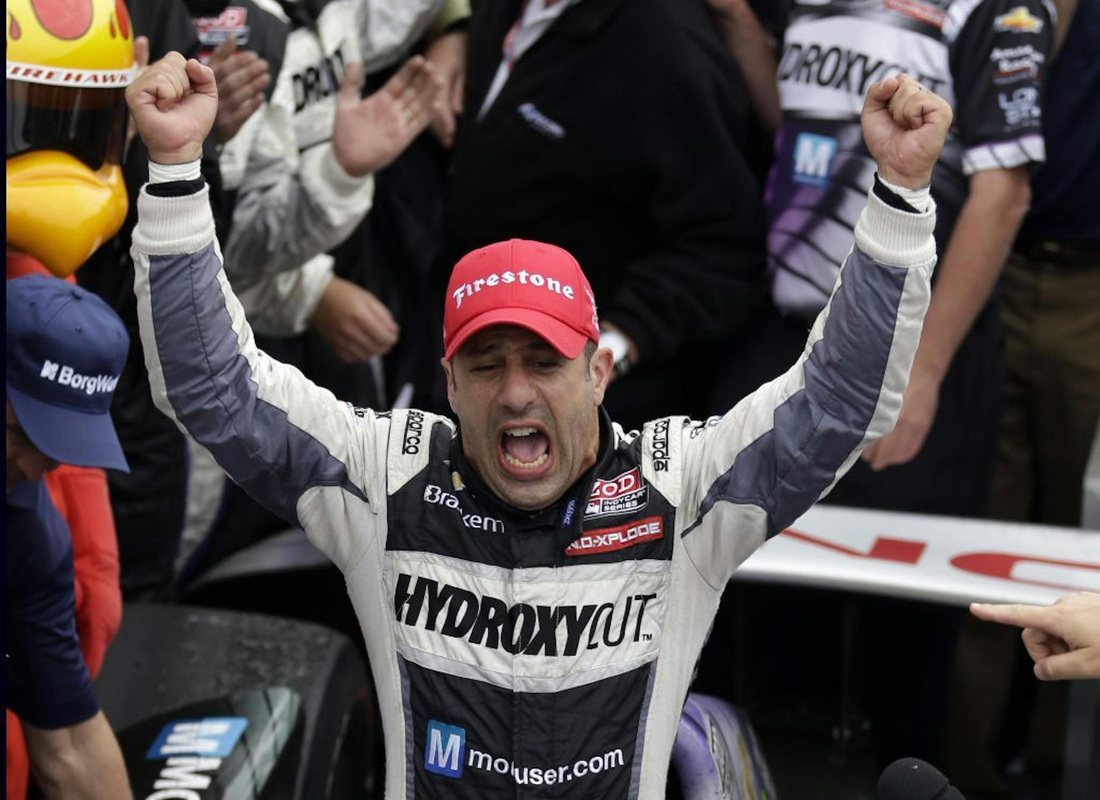 Tony Kanaan of Brazil celebrated after winning the Indianapolis 500.