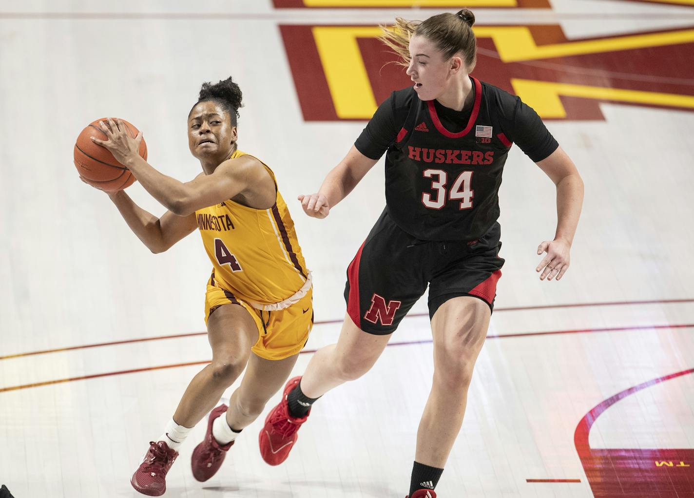 Minnesota guard Jasmine Powell (4) was defended by Nebraska forward Isabelle Bourne (34) in the third quarter. ] CARLOS GONZALEZ &#x2022; cgonzalez@startribune.com &#x2013; Minneapolis, MN &#x2013; January 30, 2020, Williams Arena, NCAA Women's Basketball, University of Minnesota Golden Gophers vs. Nebraska Cornhuskers