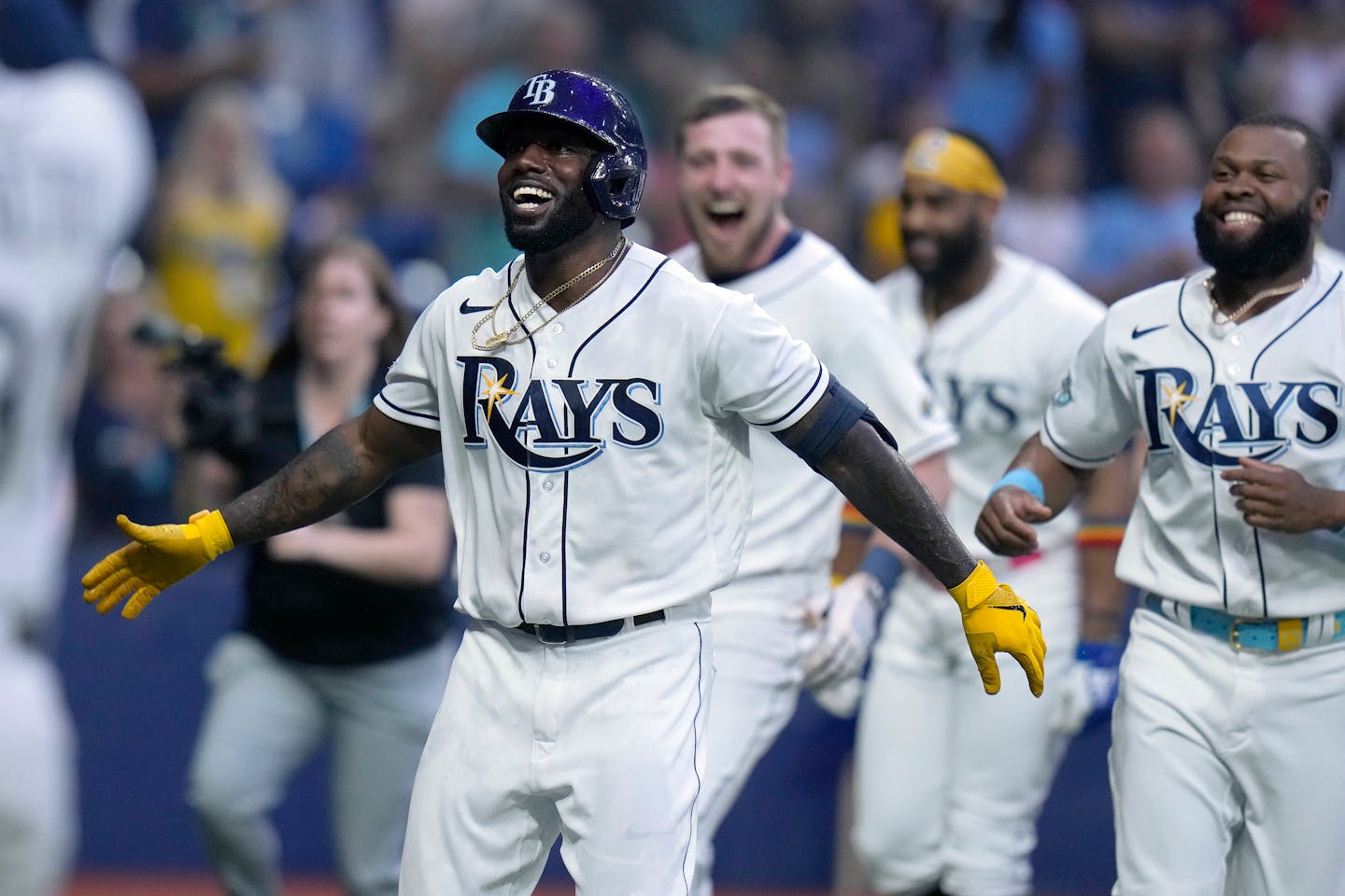 Tampa Bay Rays' Randy Arozarena celebrates his walk-off home run off Minnesota Twins relief pitcher Jhoan Duran during the ninth inning of a baseball game Wednesday, June 7, 2023, in St. Petersburg, Fla. (AP Photo/Chris O'Meara)