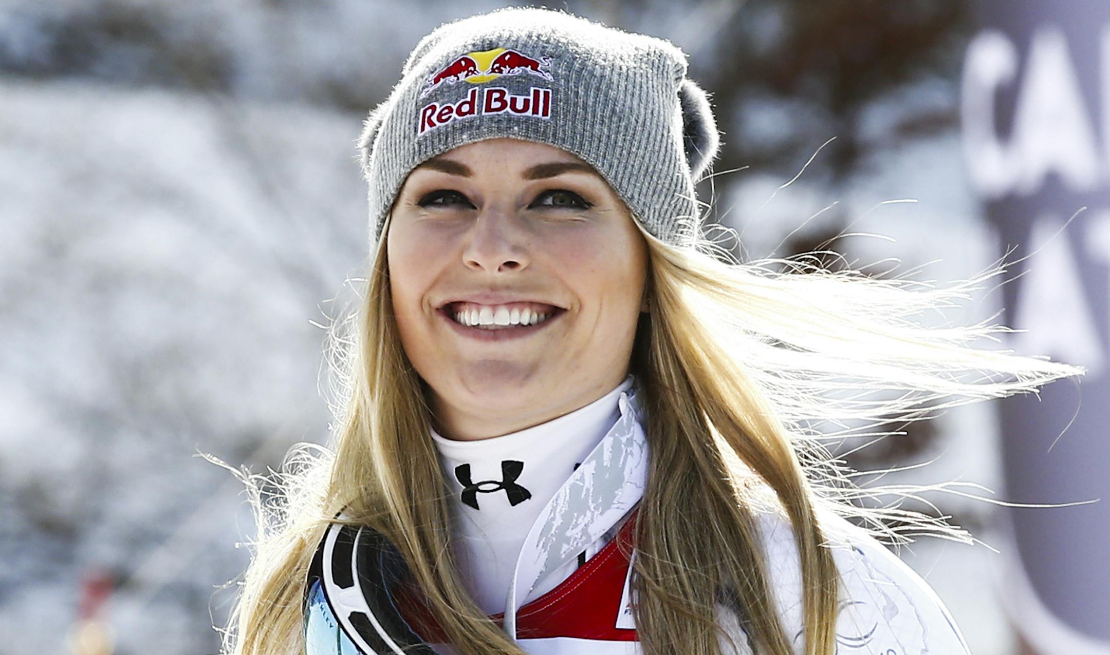 First placed Lindsey Vonn, of the United States, smiles at the end of an alpine ski, women's World Cup downhill in Garmisch Partenkirchen, Germany, Saturday, Feb. 6, 2016. (AP Photo/Giovanni Auletta) ORG XMIT: GAR140