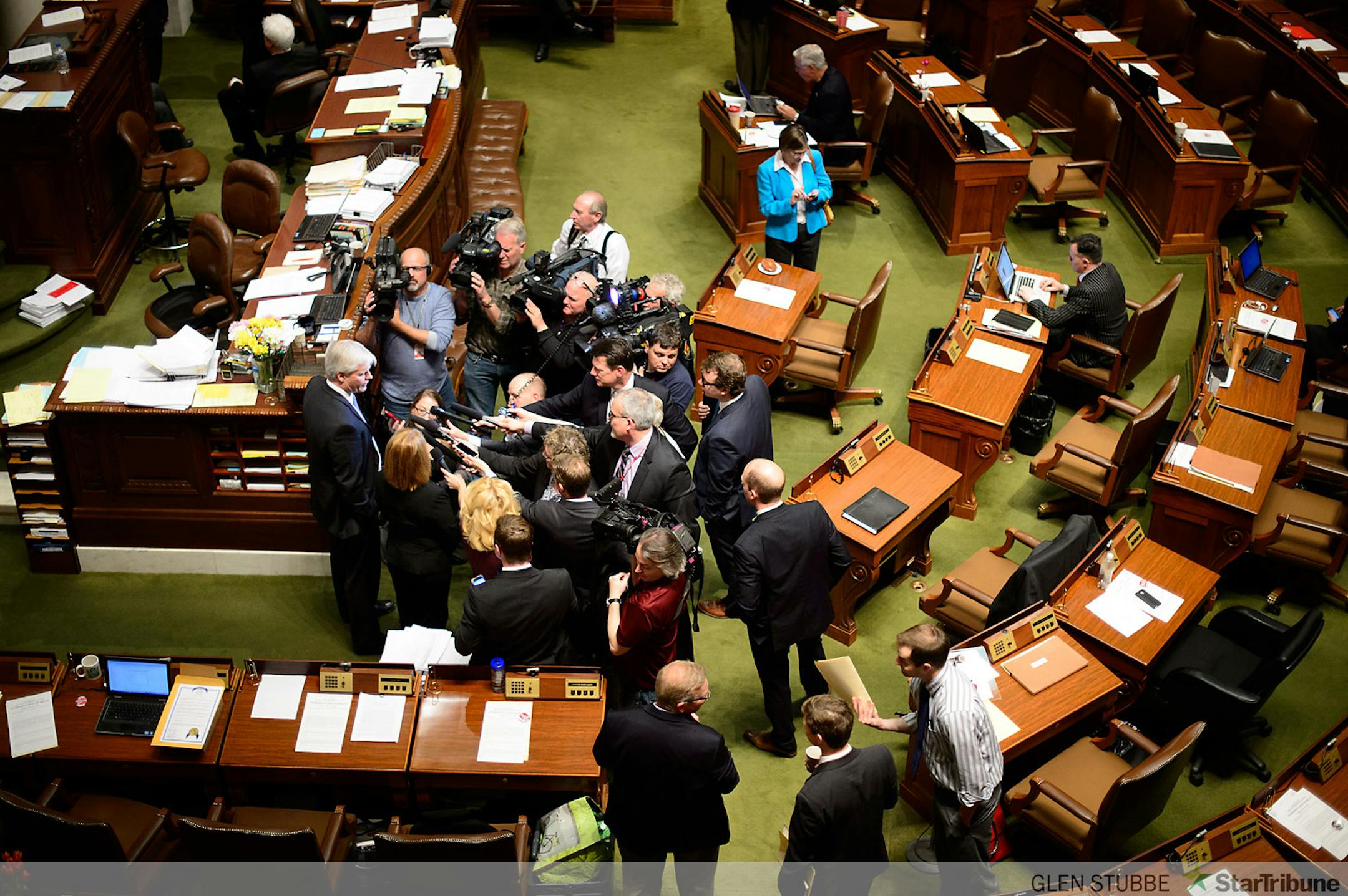 House leaders Paul Thissen and Erin Murphy spoke to the press on the House floor about Friday's upcoming bills.     ]     Friday, May 16, 2014   GLEN STUBBE * gstubbe@startribune.com