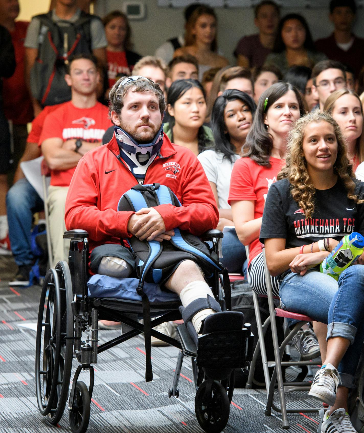 Soccer coach Bryan Duffey was severely injured in the explosion at the old school. He returned for the student assembly. ] GLEN STUBBE &#x2022; glen.stubbe@startribune.com Tuesday September 5, 2017 First day of school for high school students at Minnehaha Academy in temporary classrooms in Mendota Heights. "Minnehaha Academy held a building dedication service and ribbon cutting ceremony to officially open the doors of its temporary Mendota Campus to Upper School students for the 2017-2018 school