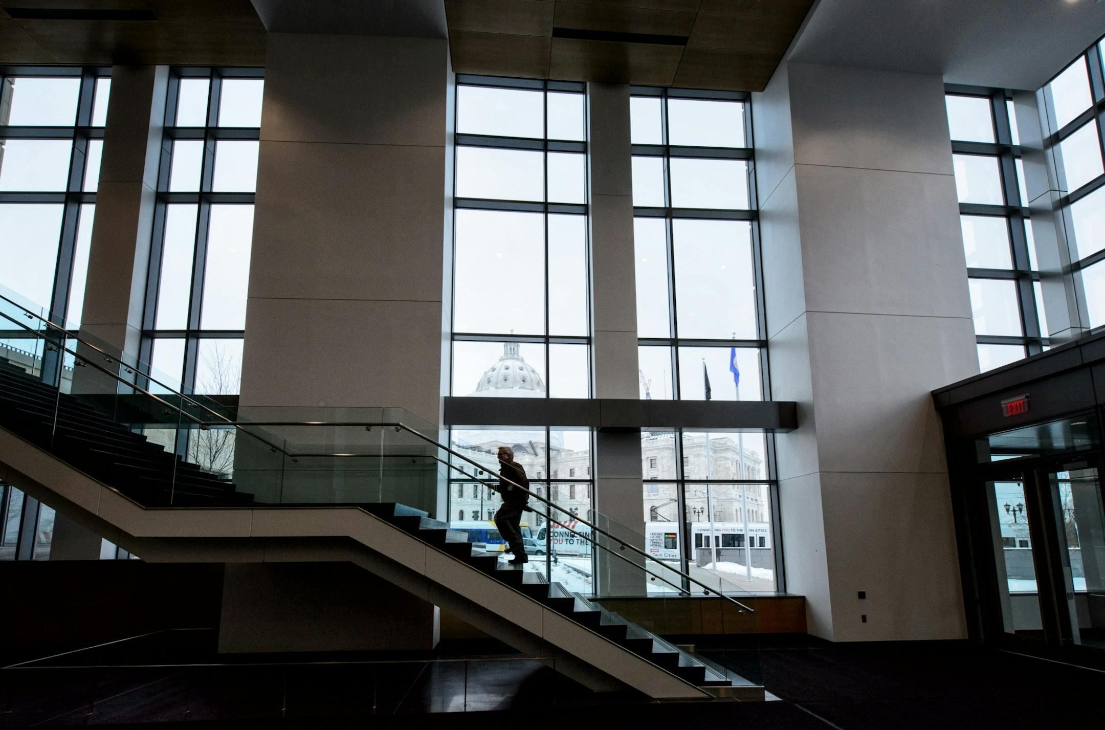 The main entrance of the new Minnesota Senate Building across University Ave from the State Capitol.