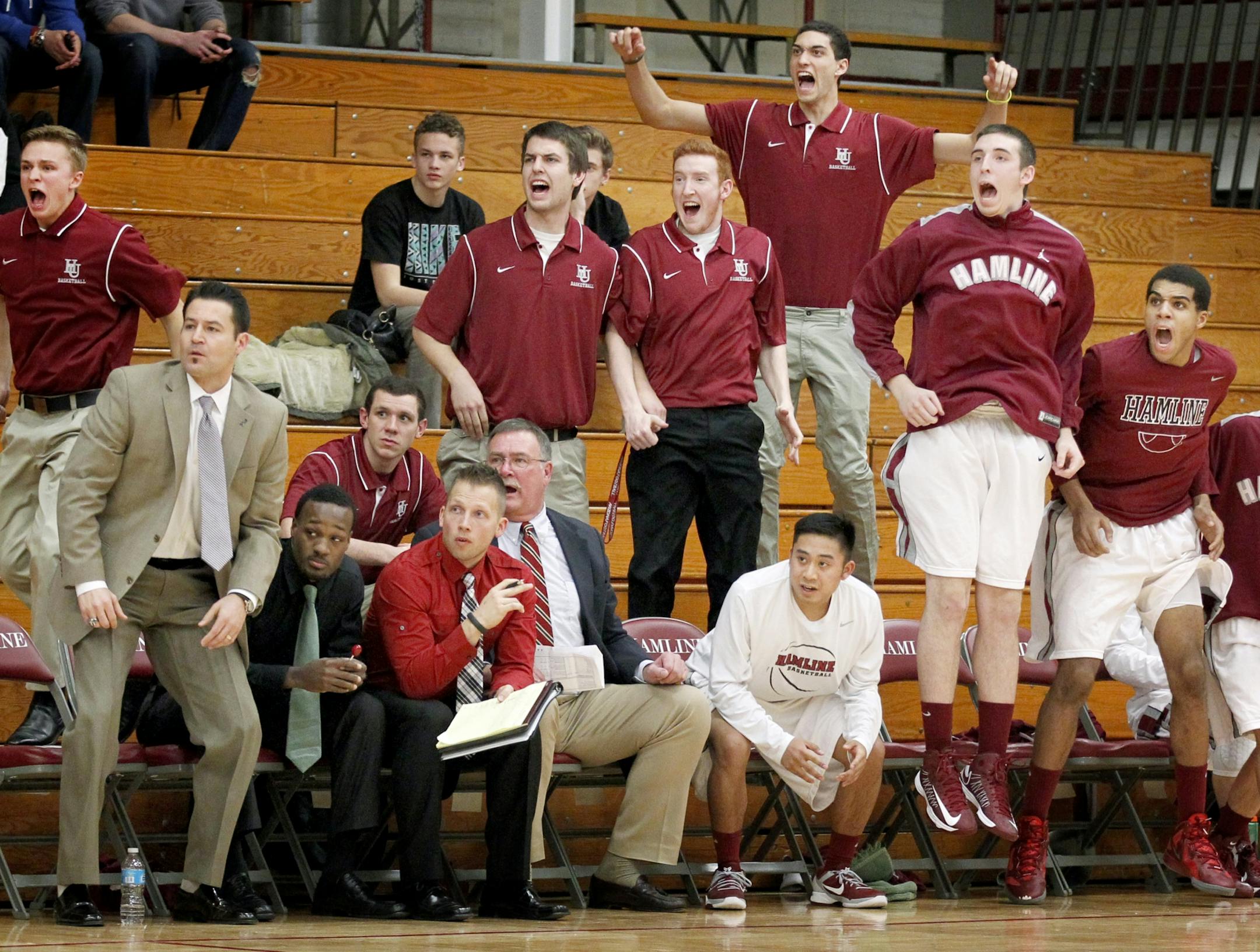 The Hamline bench reacted to a play in the first half during a game vs. St. Olaf on Wednesday night.