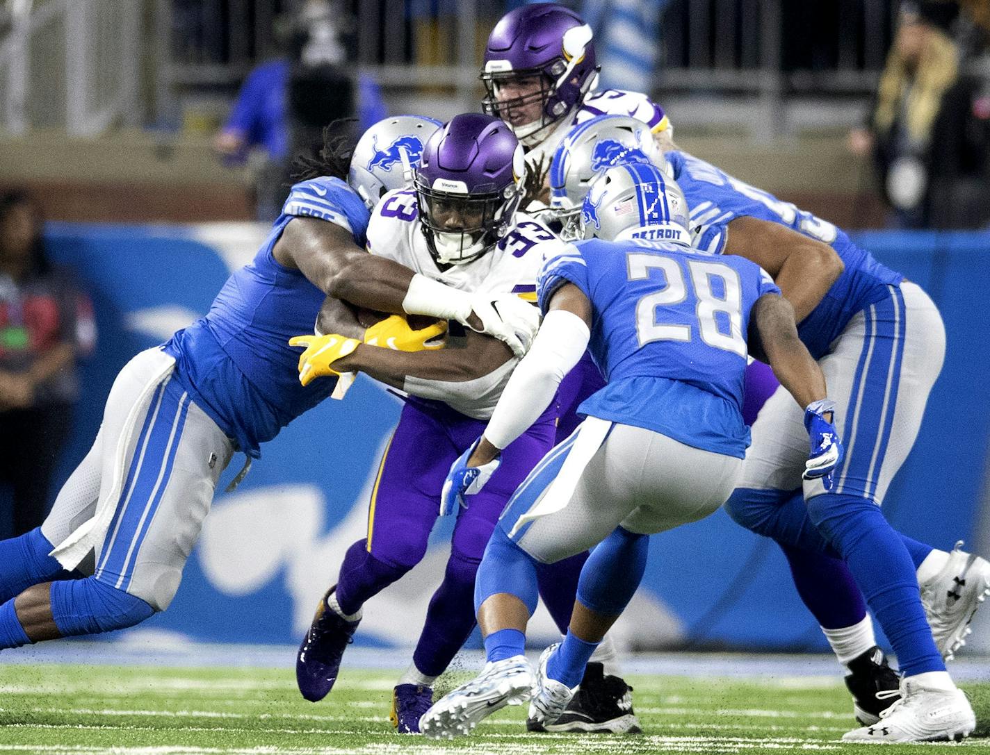 Lions defenders stopped Minnesota Vikings running back Dalvin Cook (33) for know gain in the second quarter at Ford Field Sunday December 23, 2018 in Detroit, MI.] The Minnesota Vikings beat the Detroit Lions 27-9 at Ford Field . Jerry Holt &#x2022; Jerry.holt@startribune.com