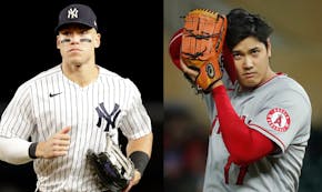 The Yankees’ Aaron Judge, left, and the Angels’ Shohei Ohtani on Friday night.