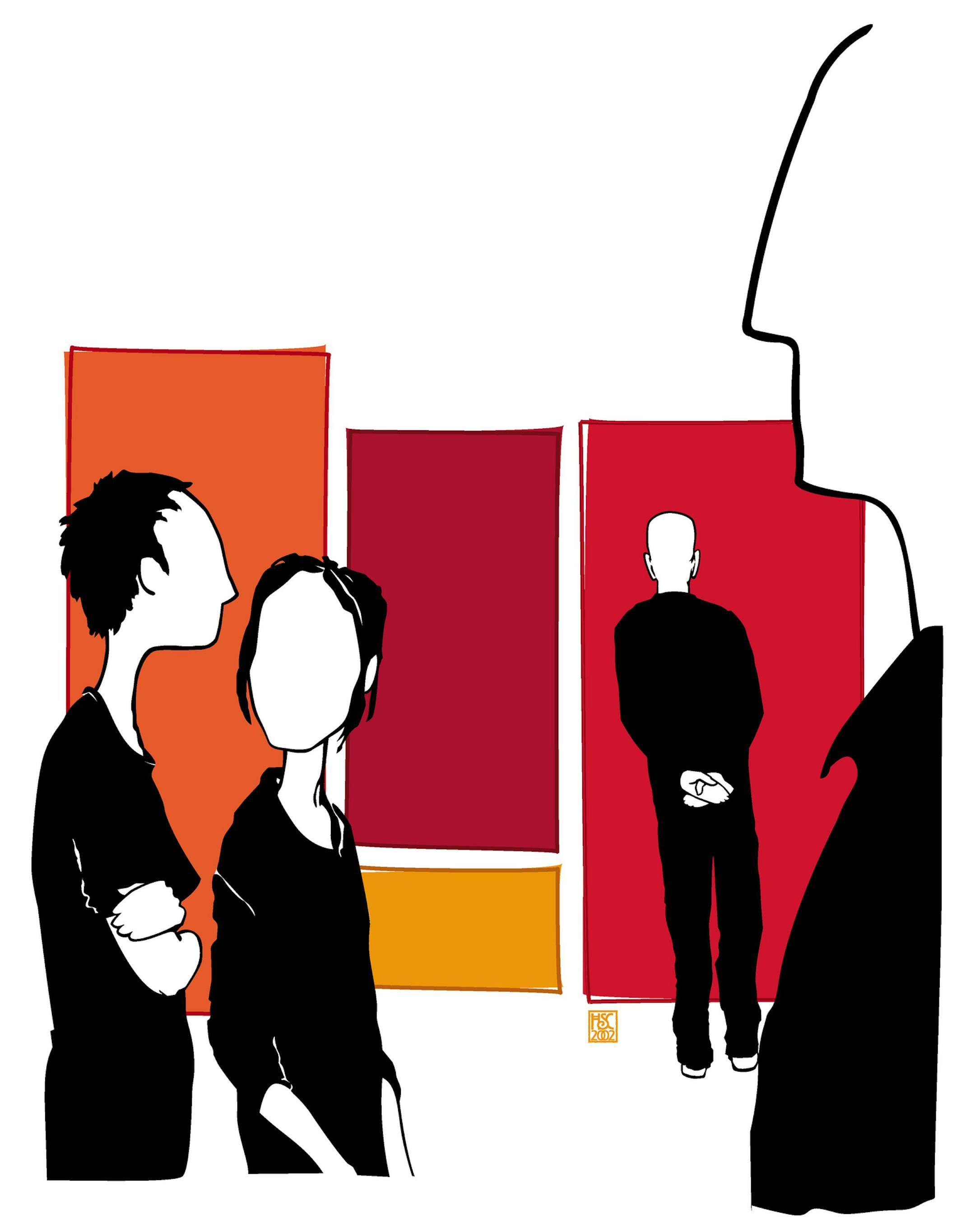 300 dpi 5 col x 12.75 in / 246x324 mm / 837x1102 pixels Hector Casanova color illustration of people gathered at an art gallery. The Kansas City Star 2002 <p> KEYWORDS: gallery scene art opening museum artwork patron illustration arte galeria escena museo de apertura patrono ilustracion grabado contributed kc casanova 2002