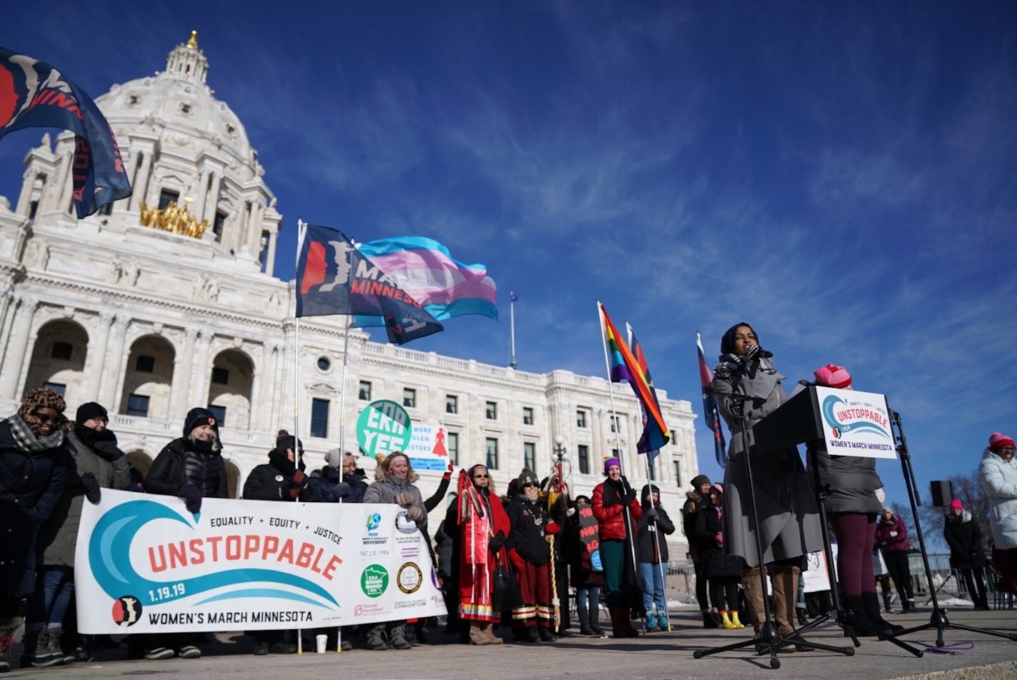 Rep. Ilhan Omar, U.S. representative for Minnesota's 5th congressional district, speaks at the Women's March Minnesota at the State Capitol in St. Paul Saturday.