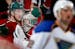 Minnesota Wild goalie John Curry (33) got a hug from Christian Folin (5) at the end of the game. Minnesota beat St. Louis by a final score of 4-2. ] C