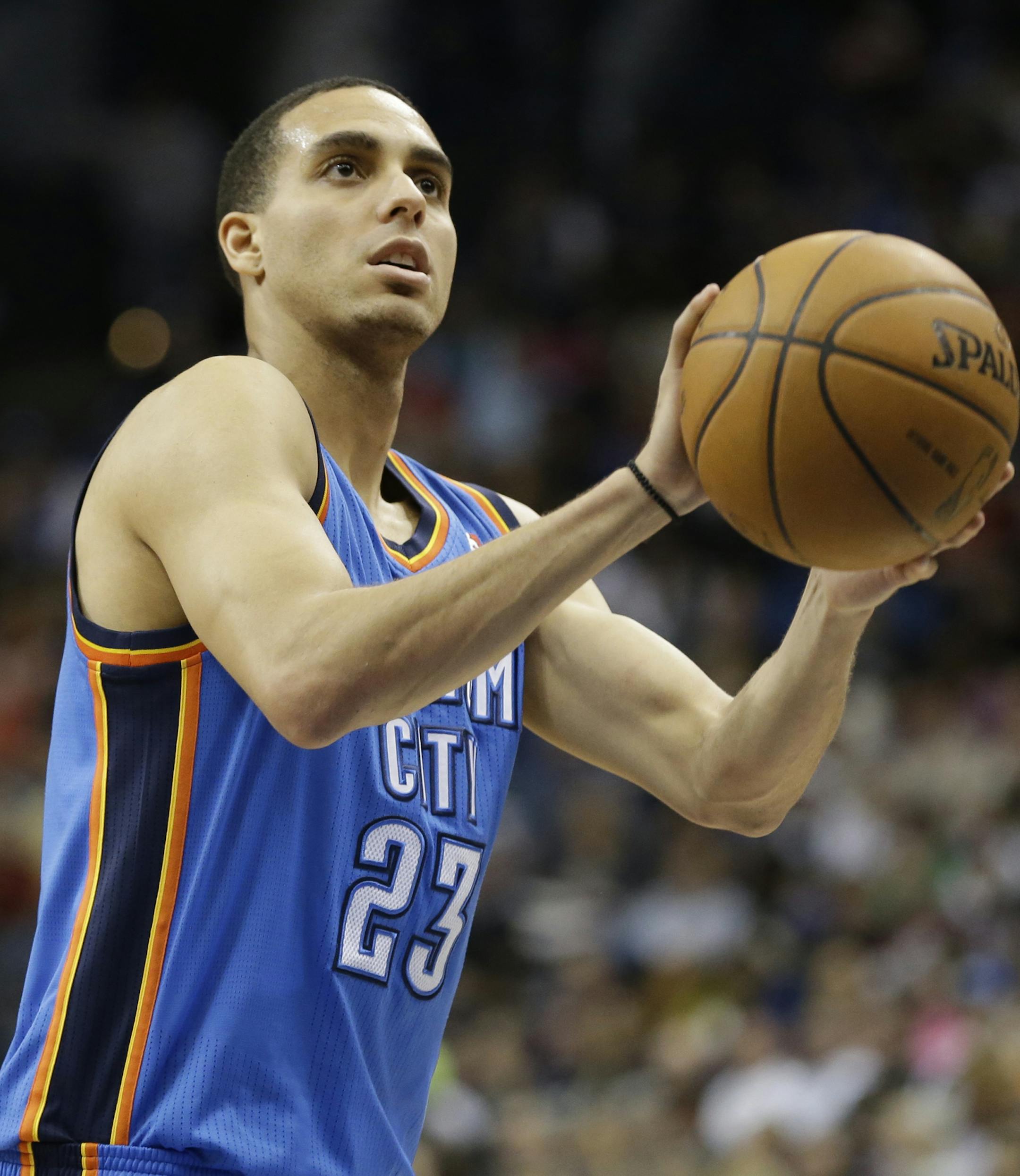 Oklahoma City Thunder's Kevin Martin is shown in the second half of an NBA basketball game against the Minnesota Timberwolves Friday, March 29, 2013 in Minneapolis. (AP Photo/Jim Mone) ORG XMIT: NYOTK