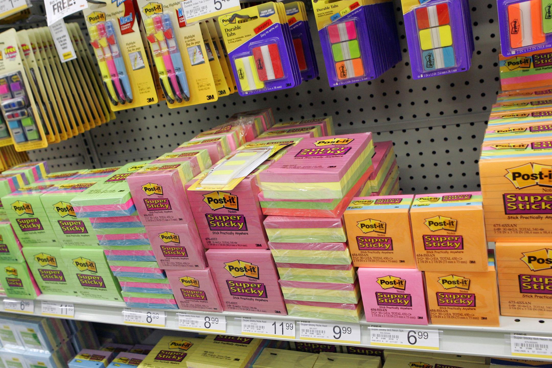 FILE-In this Jan. 30, 2007, file photo, a colorful assortment of 3M Post-it notes line the shelves of a Office Max store in New Brighton, Minn. 3M Co. reports quarterly financial results before the market opens on Thursday, April 25, 2013 (AP Photo/Jim Mone, file) ORG XMIT: MIN2013042515470150