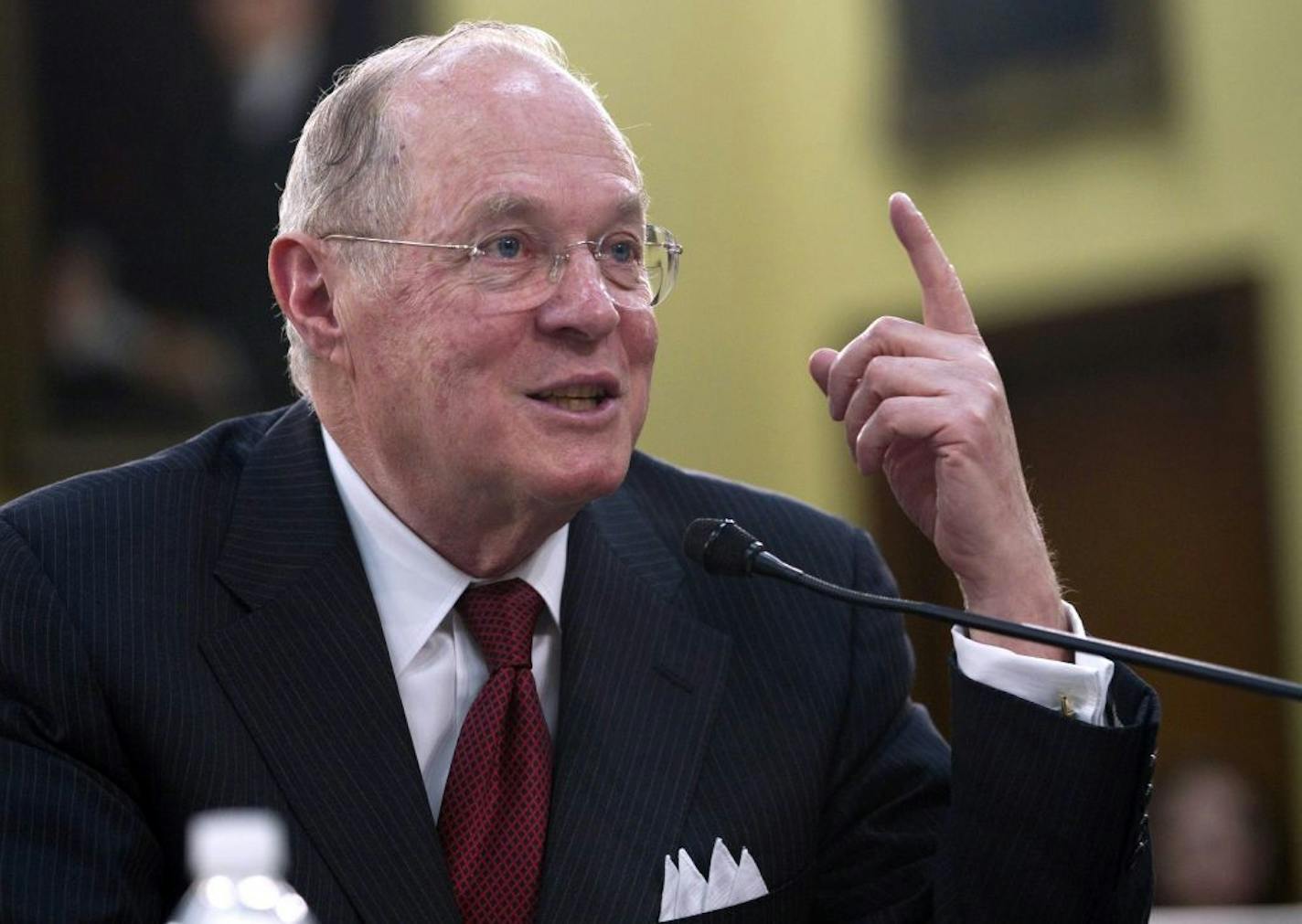 FILE - In this April 14, 2011 file photo, Supreme Court Justice Anthony Kennedy testifies on Capitol Hill in Washington. A sharply divided Supreme Court on Monday said police can routinely take DNA from people they arrest, comparing a DNA cheek swab to other common jailhouse procedures like fingerprinting. "Taking and analyzing a cheek swab of the arrestee DNA is, like fingerprinting and photographing, a legitimate police booking procedure that is reasonable under the Fourth Amendment," Kennedy