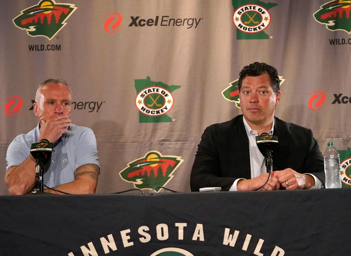 Minnesota Wild general manager Bill Guerin, right, and Wild head coach Dean Evason.